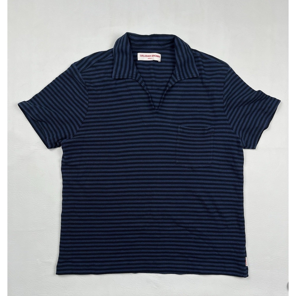 Orlebar Brown Open Collar Polo Shirt Mens Large Blue Striped Pocket